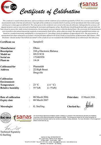 Figure 1. Example of a SANAS calibration certificate - page 1.